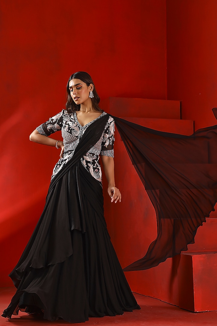 Black Georgette & Satin Organza Concept Jacket Wedding Saree Set by Isha Gupta Tayal at Pernia's Pop Up Shop