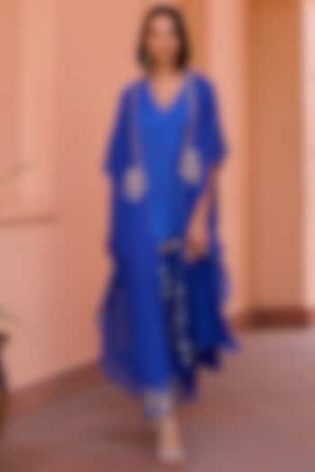 Blue Linen Satin Kurta Set With Dori Embellished Cape by Isha Gupta Tayal