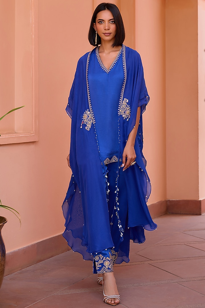 Blue Linen Satin Kurta Set With Dori Embellished Cape by Isha Gupta Tayal