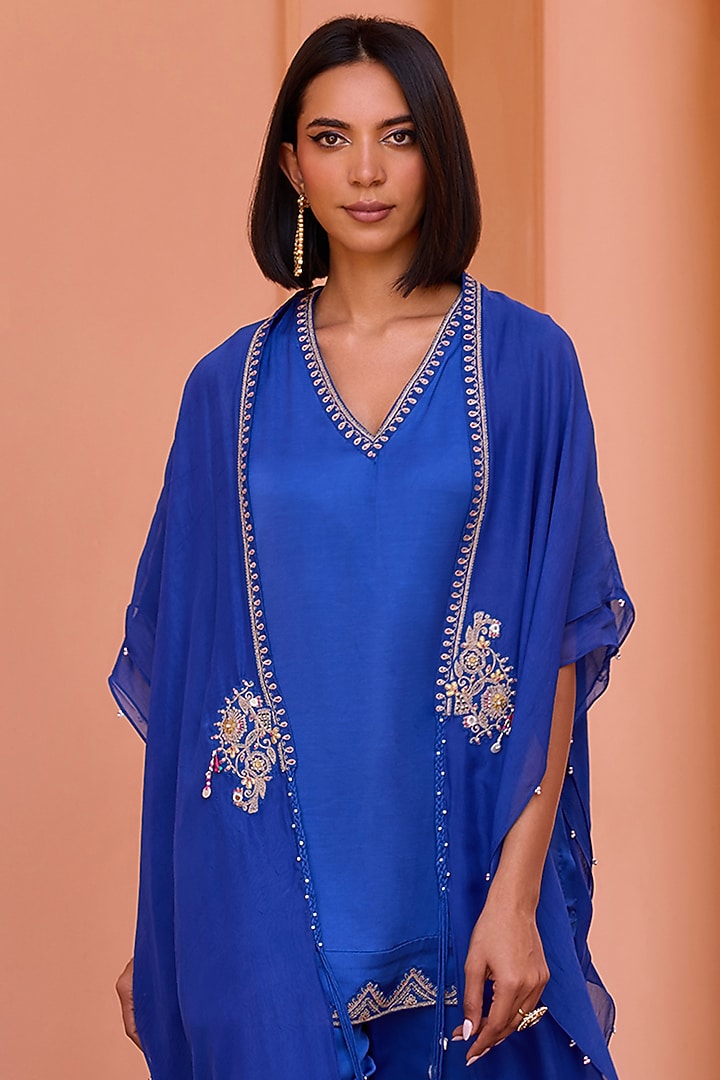 Blue Linen Satin Kurta Set With Dori Embellished Cape by Isha Gupta Tayal at Pernia's Pop Up Shop