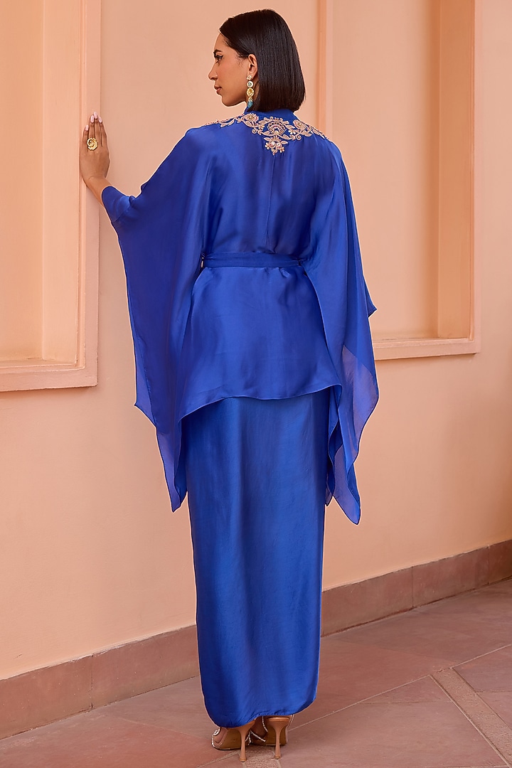 Blue Satin Draped Asymmetrical Skirt Set by Isha Gupta Tayal at Pernia's Pop Up Shop
