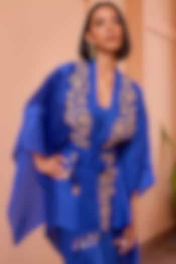 Blue Satin Organza Tilla Embroidered Kimono Top by Isha Gupta Tayal