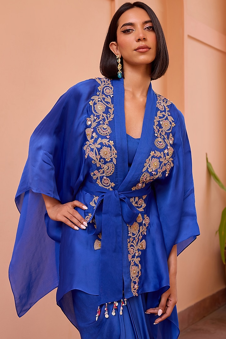 Blue Satin Organza Tilla Embroidered Kimono Top by Isha Gupta Tayal