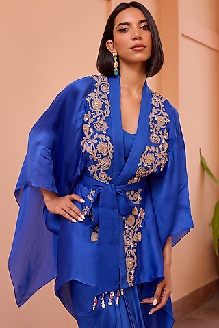 Blue Satin Organza Tilla Embroidered Kimono Top by Isha Gupta Tayal