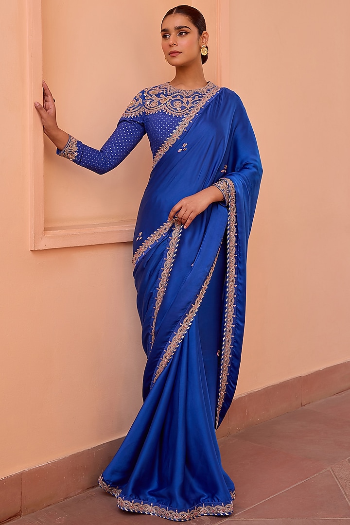 Blue Pure Satin Dori & Bead Embroidered Saree Set by Isha Gupta Tayal at Pernia's Pop Up Shop