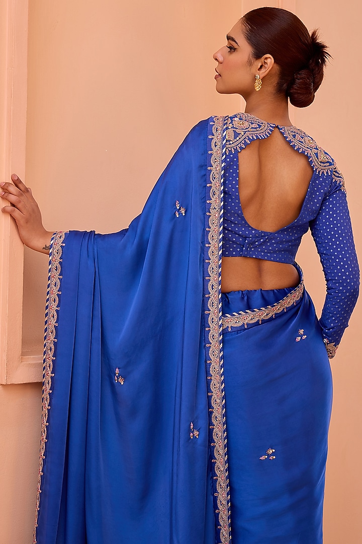 Blue Pure Satin Dori & Bead Embroidered Wedding Saree Set by Isha Gupta Tayal at Pernia's Pop Up Shop