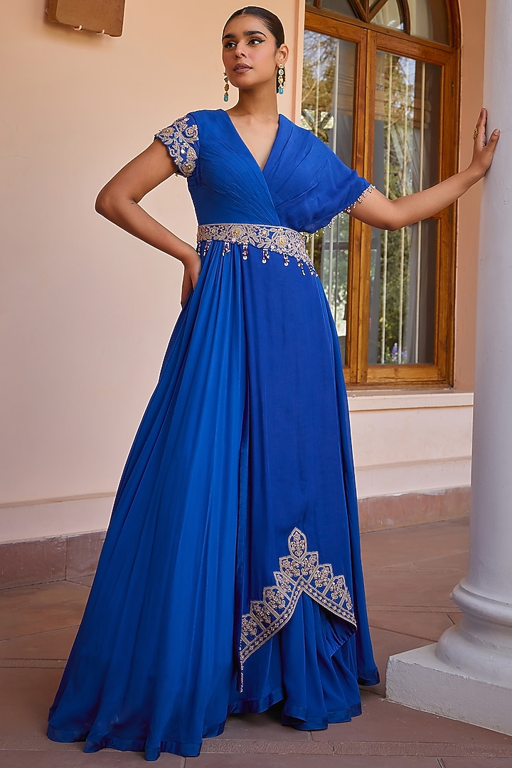 Blue Georgette & Organza Bead Embroidered Layered Wedding Anarkali Set by Isha Gupta Tayal at Pernia's Pop Up Shop