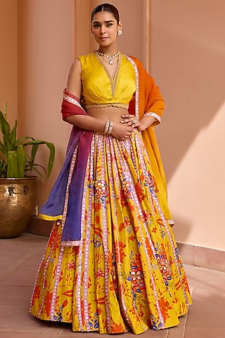 Yellow Silk Printed & 3D Embroidered Lehenga Set by Isha Gupta Tayal
