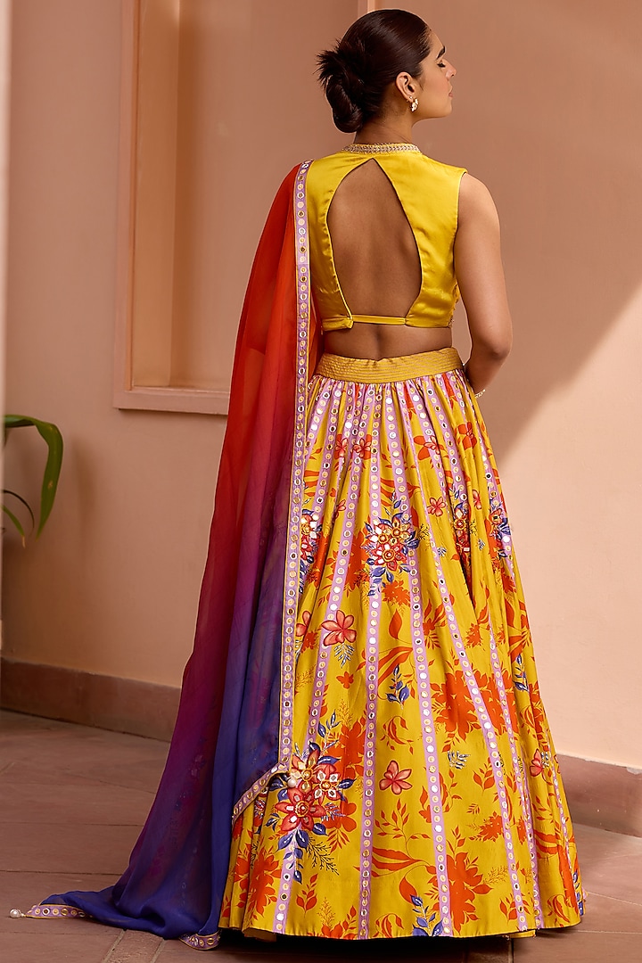 Yellow Silk Printed & 3D Embroidered Wedding Lehenga Set by Isha Gupta Tayal at Pernia's Pop Up Shop