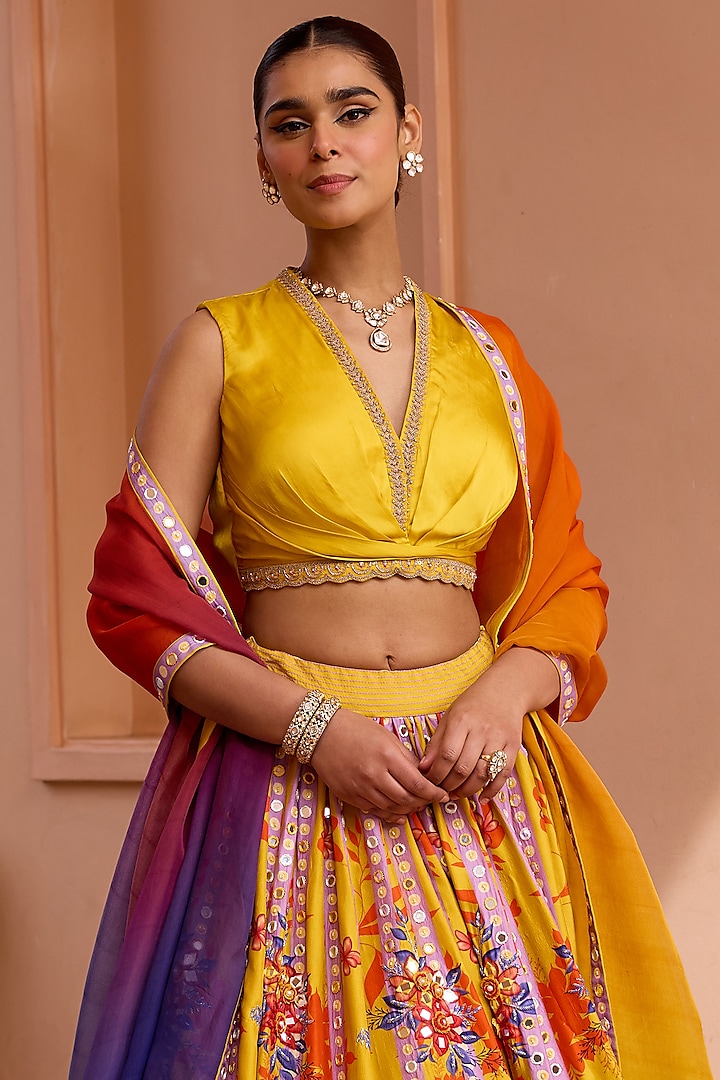 Yellow Silk Printed & 3D Embroidered Wedding Lehenga Set by Isha Gupta Tayal at Pernia's Pop Up Shop