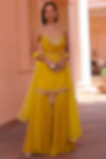 Yellow Georgette Bandhani Sahara Set by Isha Gupta Tayal at Pernia's Pop Up Shop