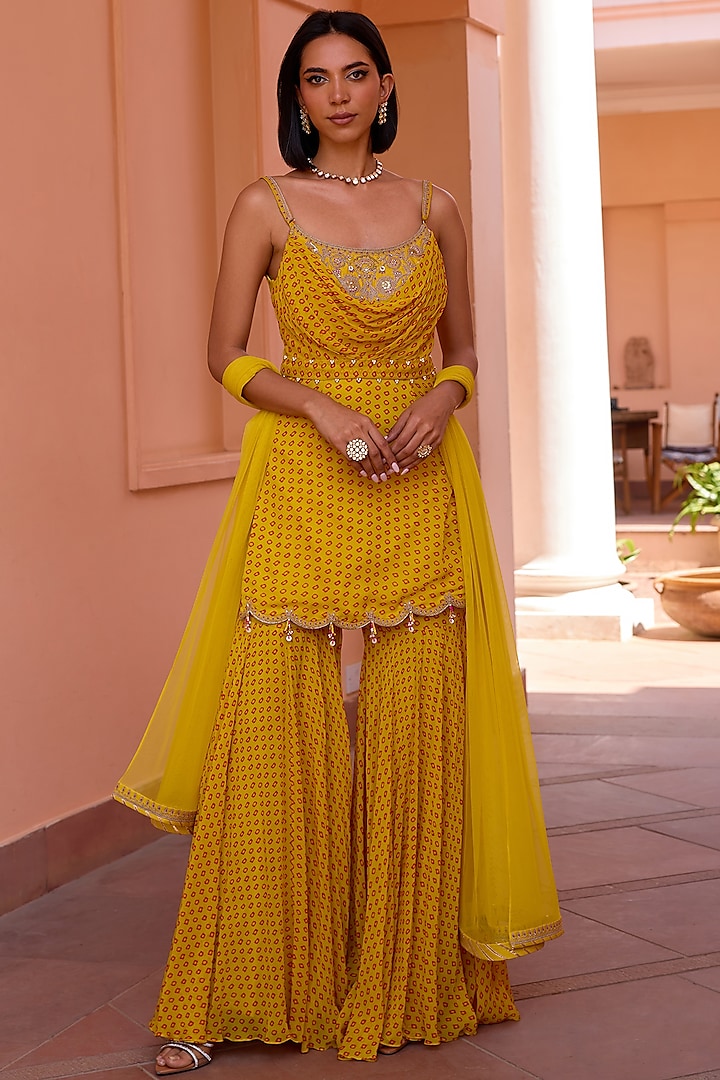 Yellow Georgette Bandhani Sahara Set by Isha Gupta Tayal at Pernia's Pop Up Shop