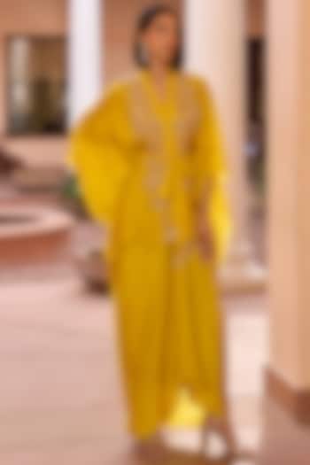 Yellow Satin Draped Skirt Set by Isha Gupta Tayal
