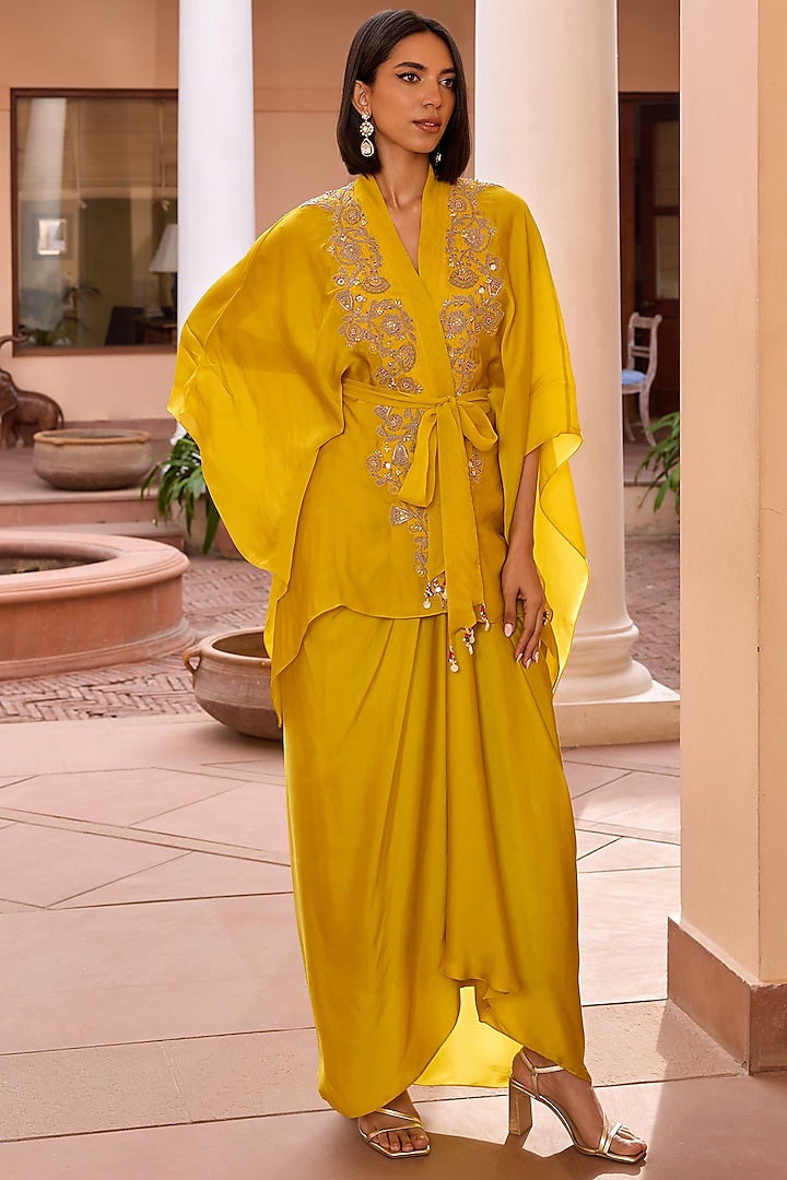Yellow Satin Draped Skirt Set by Isha Gupta Tayal