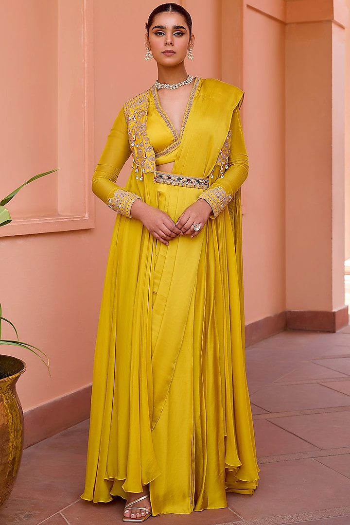 Yellow Satin Tilla Embroidered & Printed Pre-Stitched Saree Set by Isha Gupta Tayal