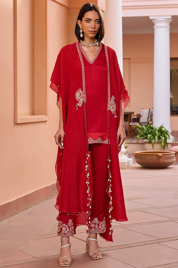 Red Linen Satin Embroidered Kurta Set by Isha Gupta Tayal at Pernia's Pop Up Shop