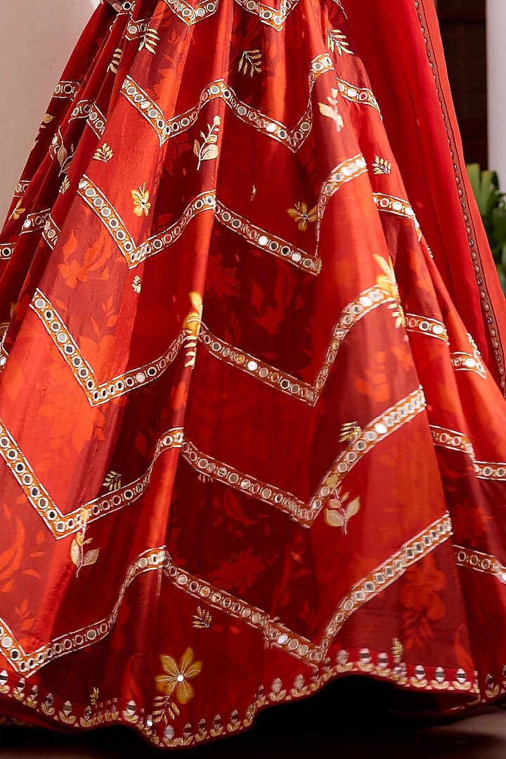 Red Silk Printed & 3D Embroidered Wedding Lehenga Set by Isha Gupta Tayal at Pernia's Pop Up Shop