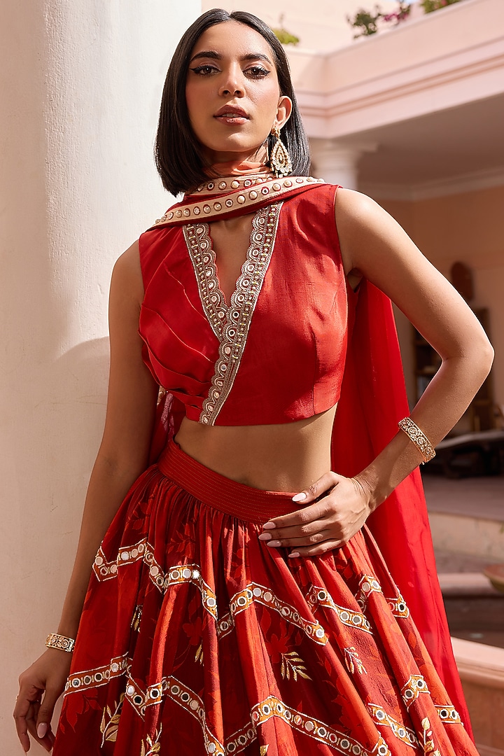 Red Silk Printed & 3D Embroidered Wedding Lehenga Set by Isha Gupta Tayal at Pernia's Pop Up Shop