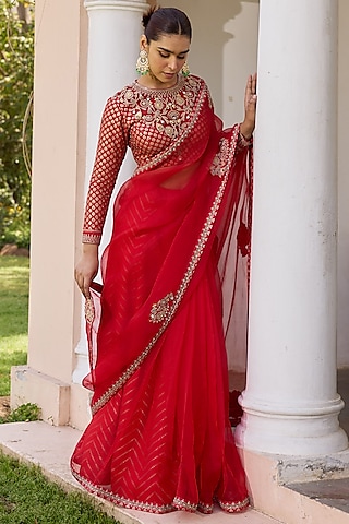 Red Organza Gota Embroidered Saree Set by Isha Gupta Tayal