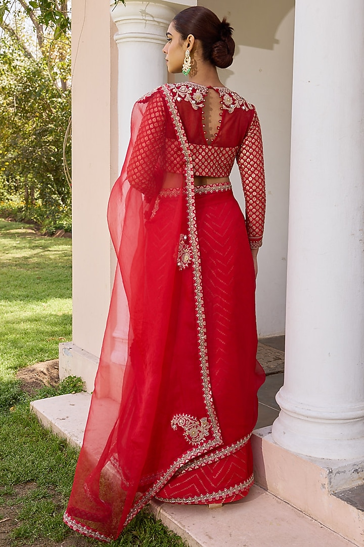 Red Organza Gota Embroidered Wedding Saree Set by Isha Gupta Tayal at Pernia's Pop Up Shop