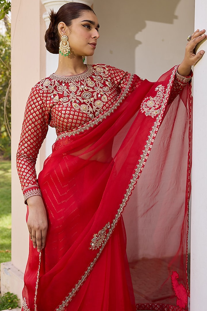 Red Organza Gota Embroidered Wedding Saree Set by Isha Gupta Tayal at Pernia's Pop Up Shop