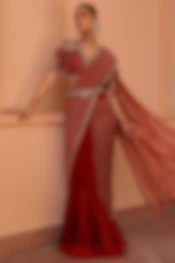 Red Georgette & Satin Organza Pre-Draped Saree Set by Isha Gupta Tayal
