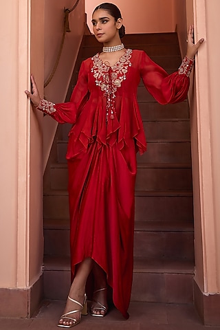Red Satin Draped Skirt Set by Isha Gupta Tayal
