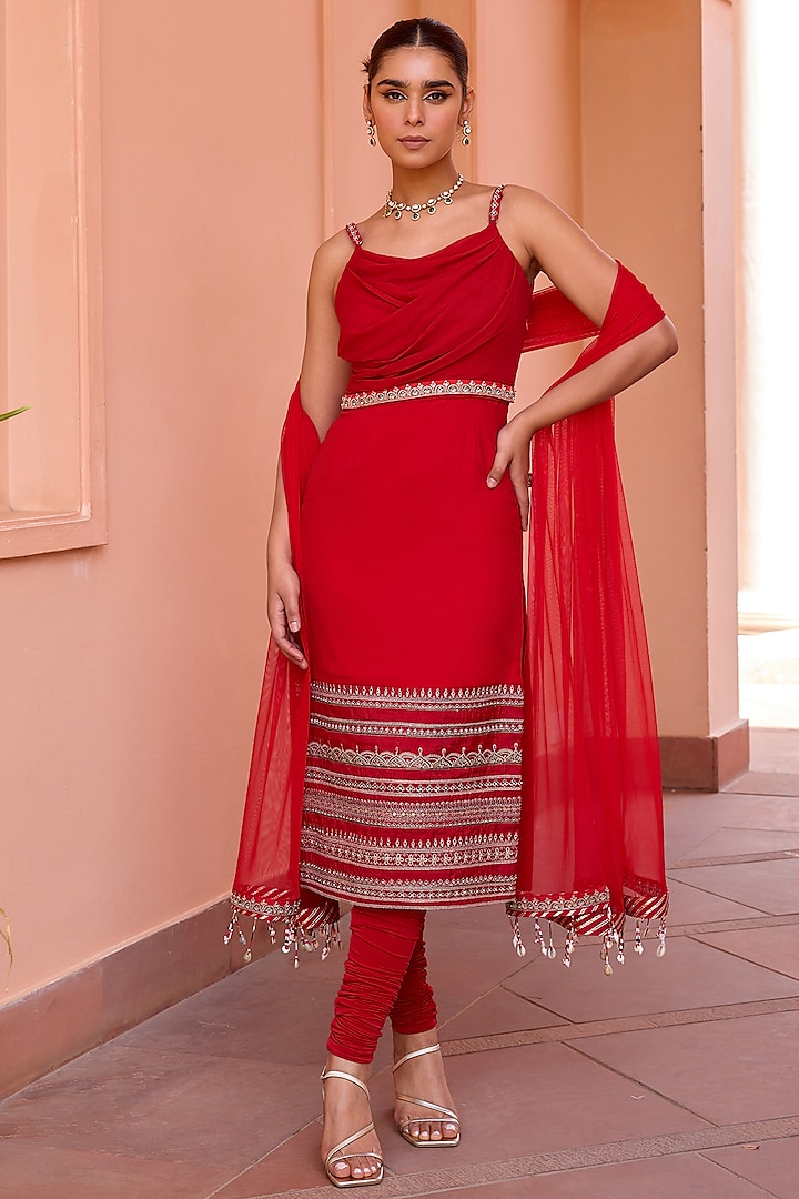 Red Georgette Dori Embroidered Kurta Set by Isha Gupta Tayal at Pernia's Pop Up Shop