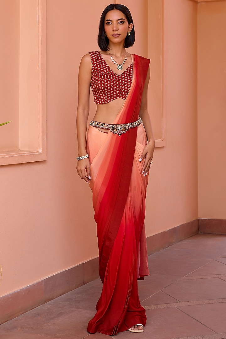 Red Crepe Pre-Stitched Ombre Saree Set by Isha Gupta Tayal