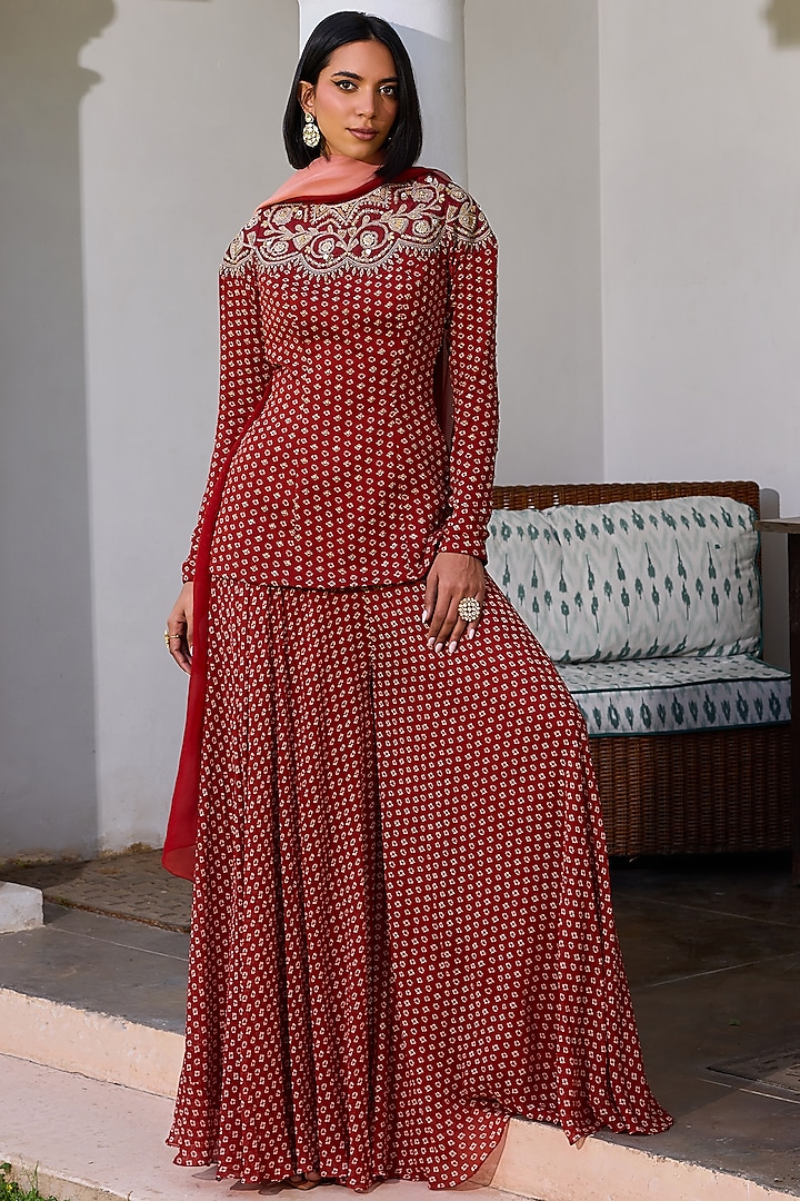 Red Georgette Bandhani Sharara Set by Isha Gupta Tayal at Pernia's Pop Up Shop