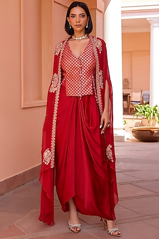 Red Organza Gota Embroidered Cape Set by Isha Gupta Tayal