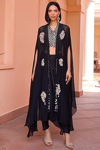 Black Organza Dori Embroidered Cape Set by Isha Gupta Tayal
