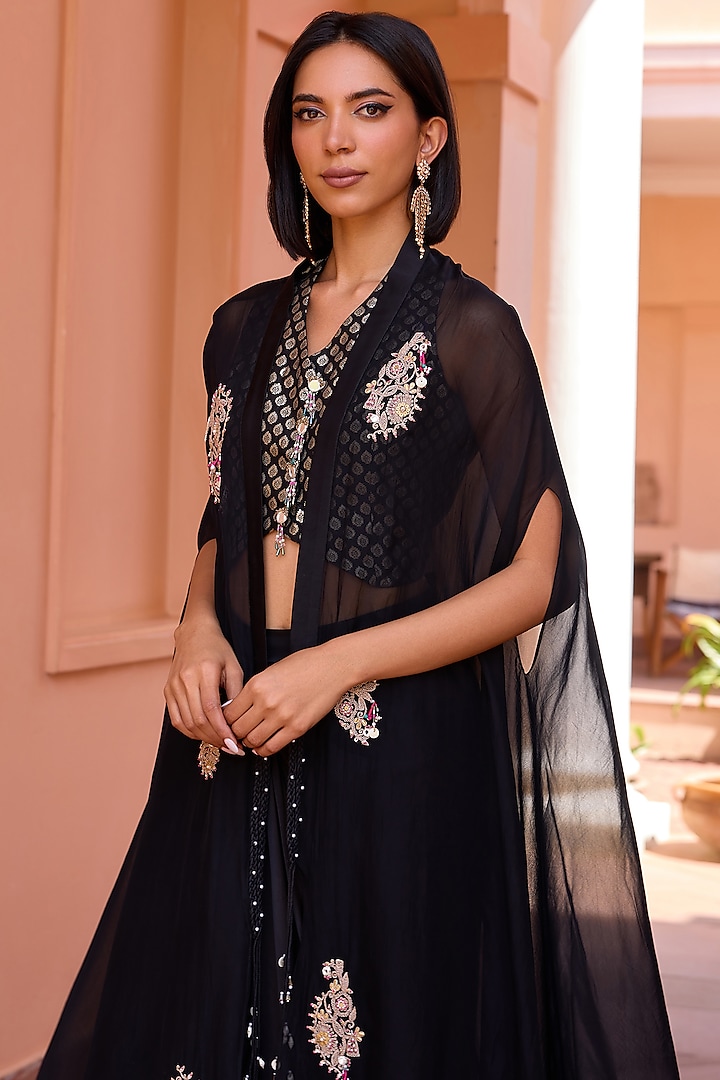 Black Organza Dori Embroidered Cape Set by Isha Gupta Tayal at Pernia's Pop Up Shop