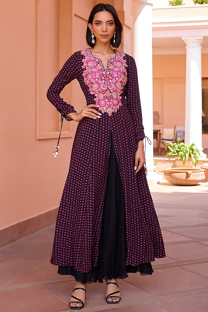 Black Georgette & Silk Embroidered Bandhani Wedding Anarkali Set by Isha Gupta Tayal at Pernia's Pop Up Shop