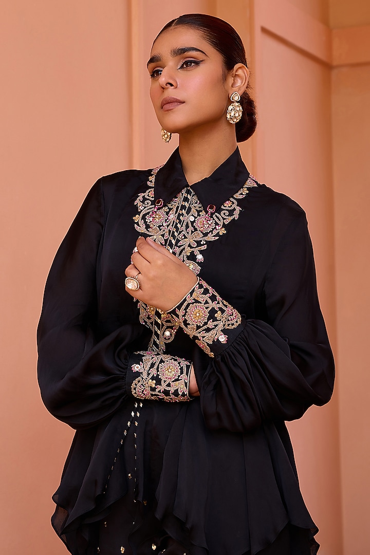 Black Satin Embroidered Pant Set by Isha Gupta Tayal at Pernia's Pop Up Shop
