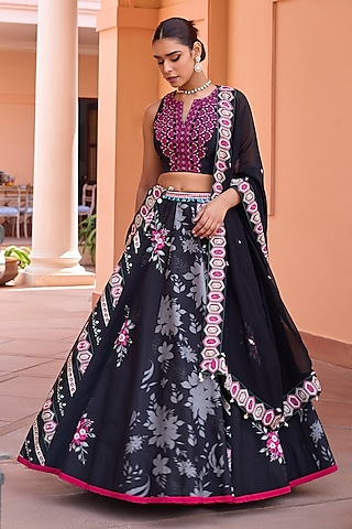 Black Silk Printed & 3D Embroidered Lehenga Set by Isha Gupta Tayal