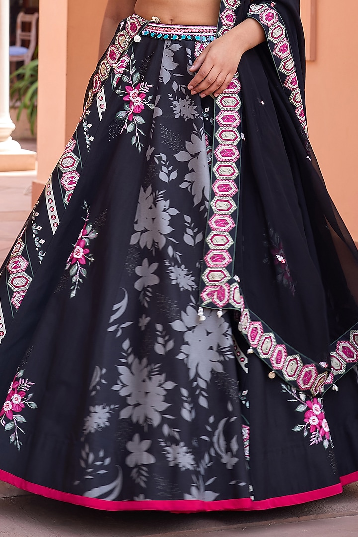 Black Silk Printed & 3D Embroidered Wedding Lehenga Set by Isha Gupta Tayal at Pernia's Pop Up Shop