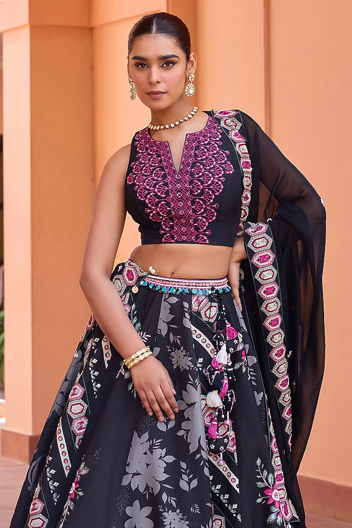 Black Silk Printed & 3D Embroidered Wedding Lehenga Set by Isha Gupta Tayal at Pernia's Pop Up Shop