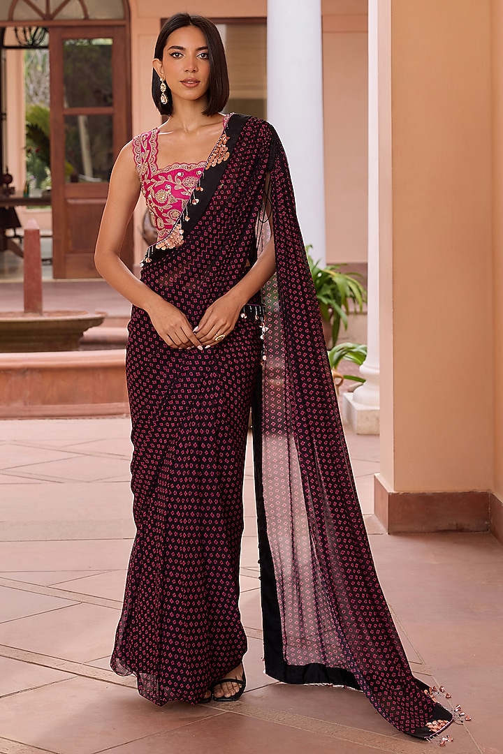 Black Georgette Bandhani Printed Pre-Stitched Saree Set by Isha Gupta Tayal