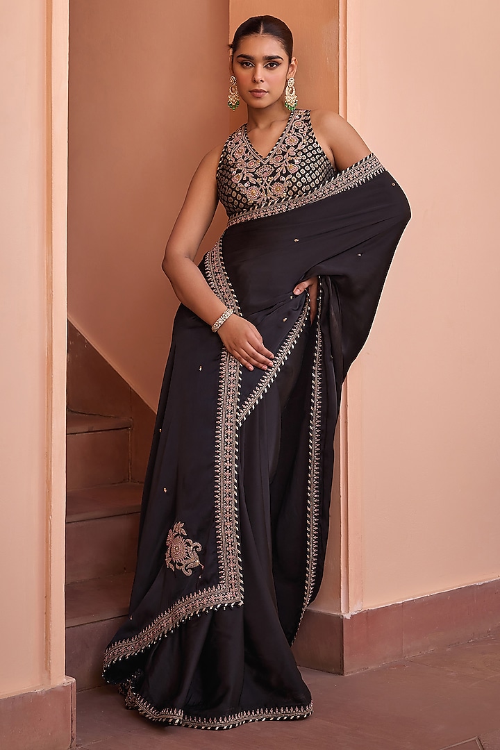 Black Pure Satin Dori & Bead Embroidered Saree Set by Isha Gupta Tayal