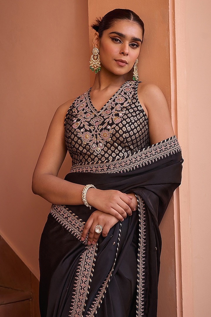 Black Pure Satin Dori & Bead Embroidered Wedding Saree Set by Isha Gupta Tayal at Pernia's Pop Up Shop