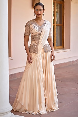 White Georgette Lehenga Saree Set by Isha Gupta Tayal