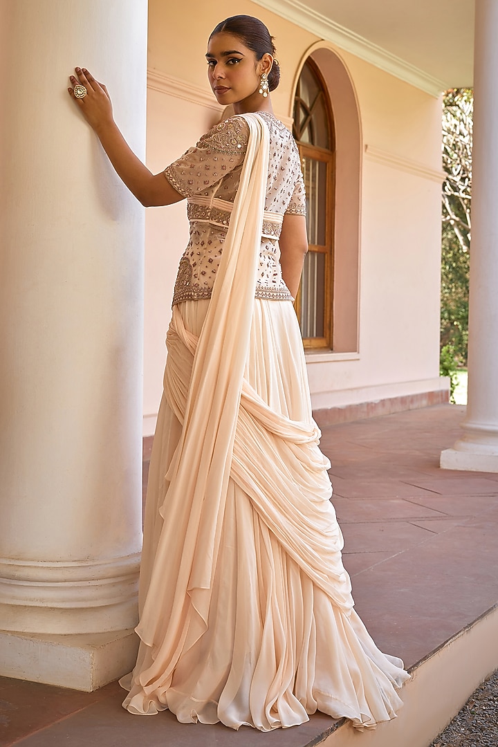 White Georgette Wedding Lehenga Saree Set by Isha Gupta Tayal at Pernia's Pop Up Shop