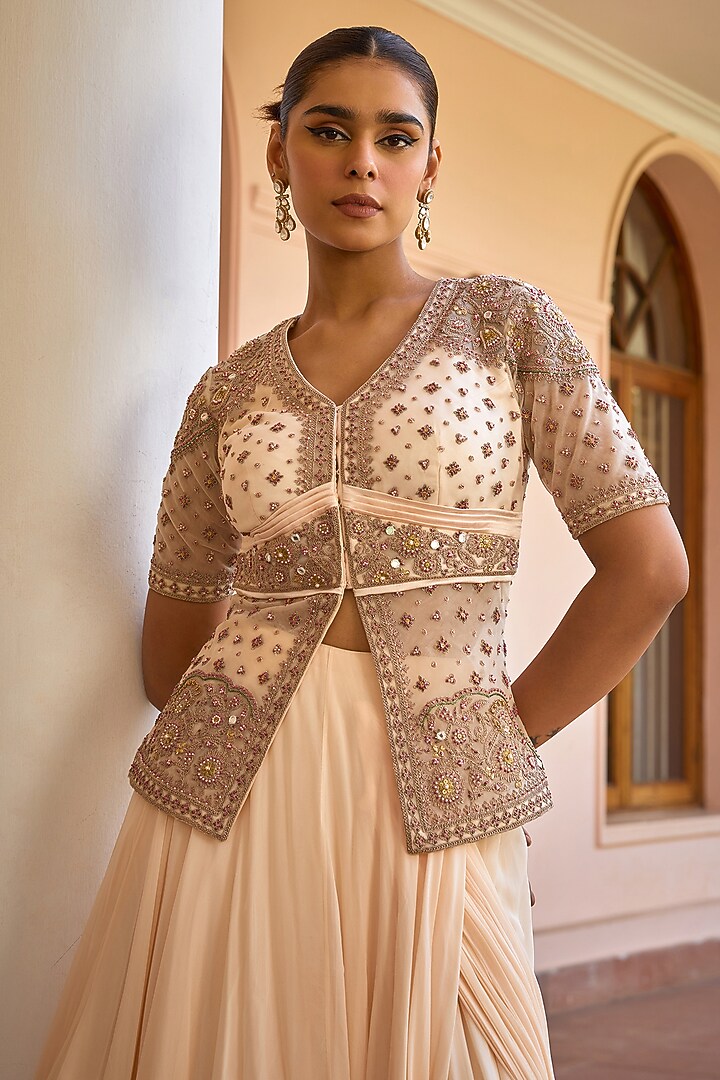White Georgette Wedding Lehenga Saree Set by Isha Gupta Tayal at Pernia's Pop Up Shop