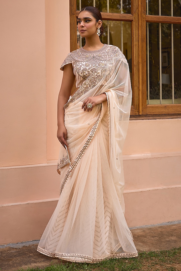 White Soft Net Tilla Embroidered Saree Set by Isha Gupta Tayal