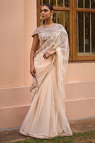 White Soft Net Tilla Embroidered Saree Set by Isha Gupta Tayal