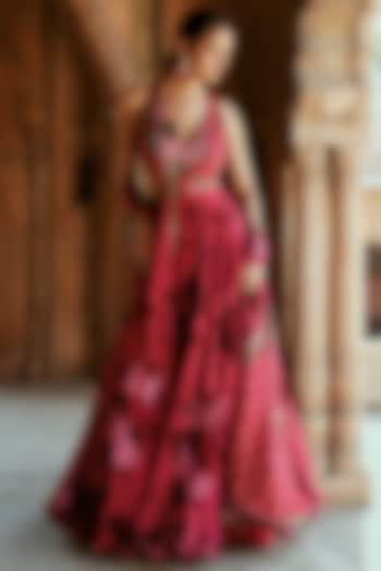 Pink Organza Floral Printed Wedding Anarkali Set by Isha Gupta Tayal at Pernia's Pop Up Shop