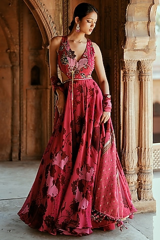 Pink Organza Floral Printed Anarkali Set by Isha Gupta Tayal