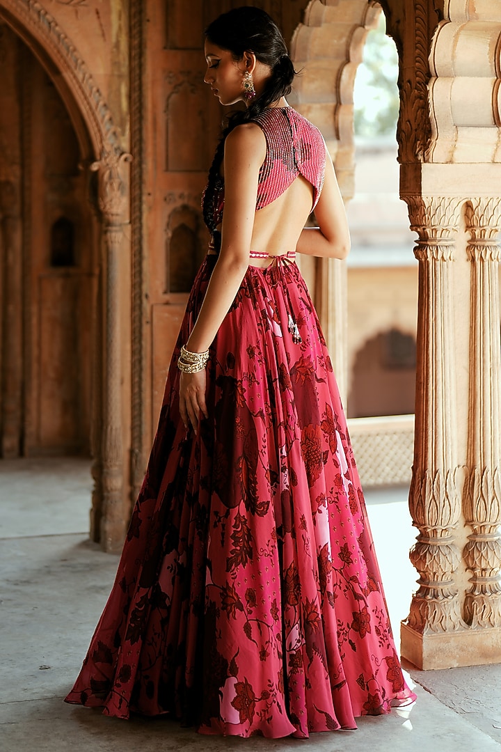 Pink Organza Floral Printed Wedding Anarkali Set by Isha Gupta Tayal at Pernia's Pop Up Shop