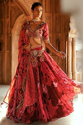Pink Organza Floral Printed Lehenga Set by Isha Gupta Tayal